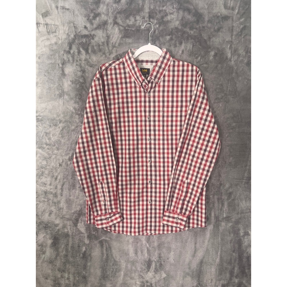 Lee Regular Fit Mens Large Red Burgundy Gingham Long Sleeve Button Down Shirt